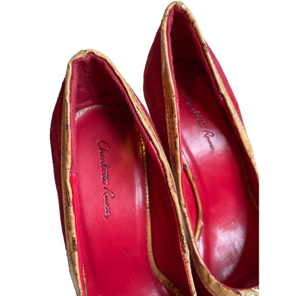031 Charlotte Russo heels red suede cork bow peep toe 8 SB10 - Picture 3 of 5
